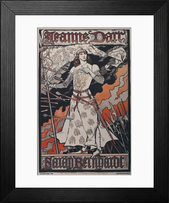 Framed Print : Poster announcing the performance of Joan of Arc by Sarah Bernhardt in the Renaissance Theater. Work by Eugene Grasset. Art Nouveau. Painting. Private Collection. - J