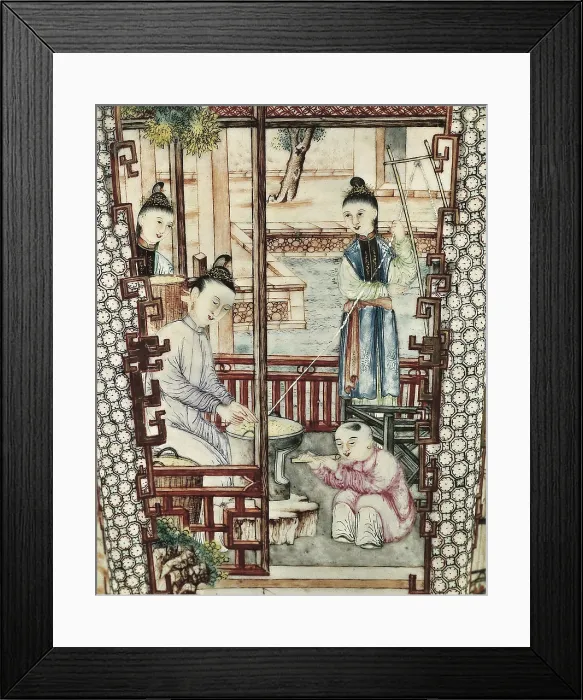 Framed Print : Detail from a vase depicting women spinning silk. Ming Dynasty (1368-1644). Chinese art. Ming period. China / Porcelain. IRAN. Tehran. Golestan Palace Framed Print : Detail from a vase depicting women spinning silk. Ming Dynasty (1368-1644). Chinese art. Ming period. China / Porcelain. IRAN. Tehran. Golestan Palace