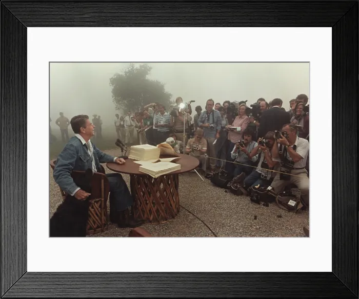 Framed Print : President Reagan meeting with the Press after signing the landmark Tax Reconciliation Bill at his California home Rancho Del Cielo Framed Print : President Reagan meeting with the Press after signing the landmark Tax Reconciliation Bill at his California home Rancho Del Cielo
