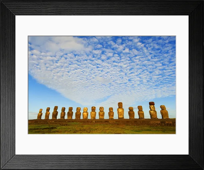 Framed Print : CHILE. VALPARAISO. Ahu Tongariki. Easter Island. Rapa Nui National Park. Rapa Nui National Park. Northeast coast. The 15 moais of Ahu Tongariki. Art of Oceania. Sculpture
