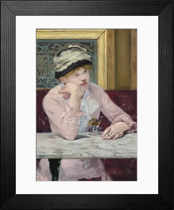 Framed Print : Plum Brandy, by Edouard Manet, 1877, French painting, oil on canvas. A modestly dressed young woman has a drink and cigarette in a Paris cafe Framed Print : Plum Brandy, by Edouard Manet, 1877, French painting, oil on canvas. A modestly dressed young woman has a drink and cigarette in a Paris cafe