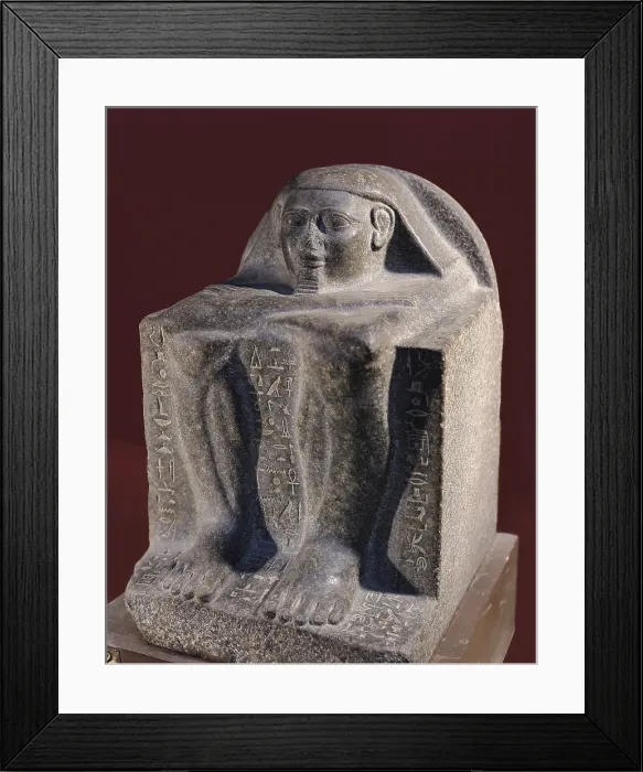 Framed Print : Ahotep Block Statue. 1550 -1525 BC. Egyptian art. Middle Kingdom. Sculpture on rock. EGYPT. Cairo. Egyptian Museum. Proc: EGYPT. Saqqara
