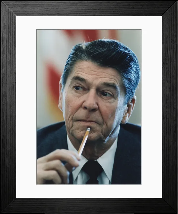 Framed Print : Portrait of a pensive President Reagan at a cabinet room meeting. November 1 1983. PO-USP-Reagan_NA-12-0069M Framed Print : Portrait of a pensive President Reagan at a cabinet room meeting. November 1 1983. PO-USP-Reagan_NA-12-0069M
