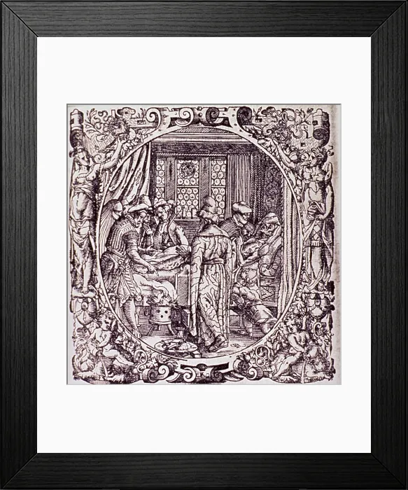 Framed Print : Physicians attending at bedside of dying man covered with sores. In the lower foreground are medical instruments. 1565 woodcut from Paracelsus's, OPUS CHYRURGICUM Framed Print : Physicians attending at bedside of dying man covered with sores. In the lower foreground are medical instruments. 1565 woodcut from Paracelsus's, OPUS CHYRURGICUM