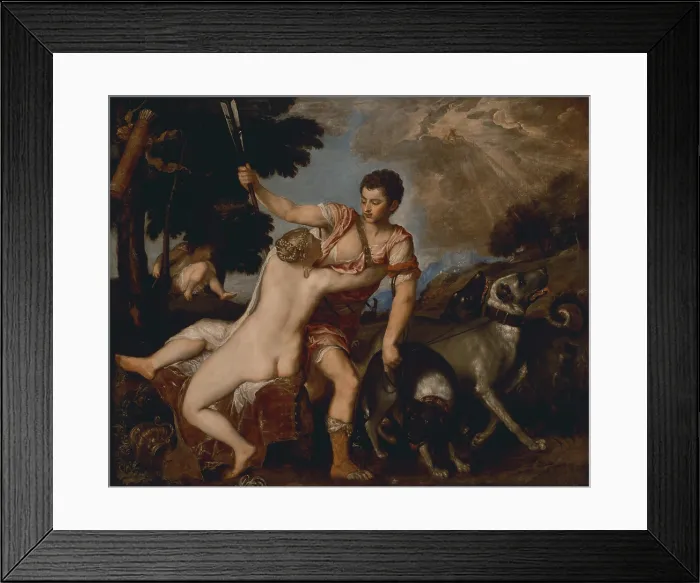 Framed Print : Venus and Adonis, by Titian, c. 1555, Italian Renaissance painting, oil on canvas. The goddess Venus tries to restrain her lover Adonis from going to a hunt Framed Print : Venus and Adonis, by Titian, c. 1555, Italian Renaissance painting, oil on canvas. The goddess Venus tries to restrain her lover Adonis from going to a hunt