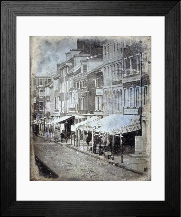 Framed Print : Daguerreotype of the north side of Chestnut Street, between 2nd Street and 3rd Street, Philadelphia, Pennsylvania 1843
