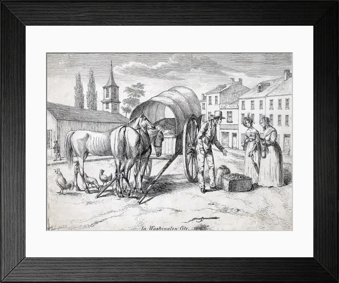 Framed Print : Washington, D.C. Man with two horses and cart selling produce from a covered wagon. Watercolor by Augustus Kollner, 1839