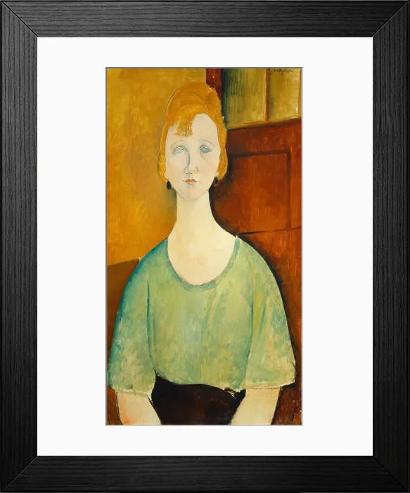Framed Print : Girl in a Green Blouse, by Amedeo Modigliani, 1917, Italian painting, oil on canvas