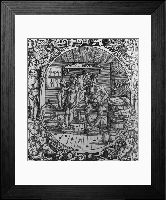 Framed Print : 16th century scene of therapeutic bathing and cupping. A man and a woman in a sauna, soaking their feet in water, with a child and physician