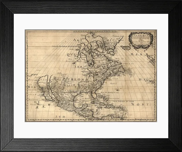 Framed Print : Map of North America continent showing extent of exploration in 1650. California is shown as an Island and the Pacific Northwest and Alaska are unknown
