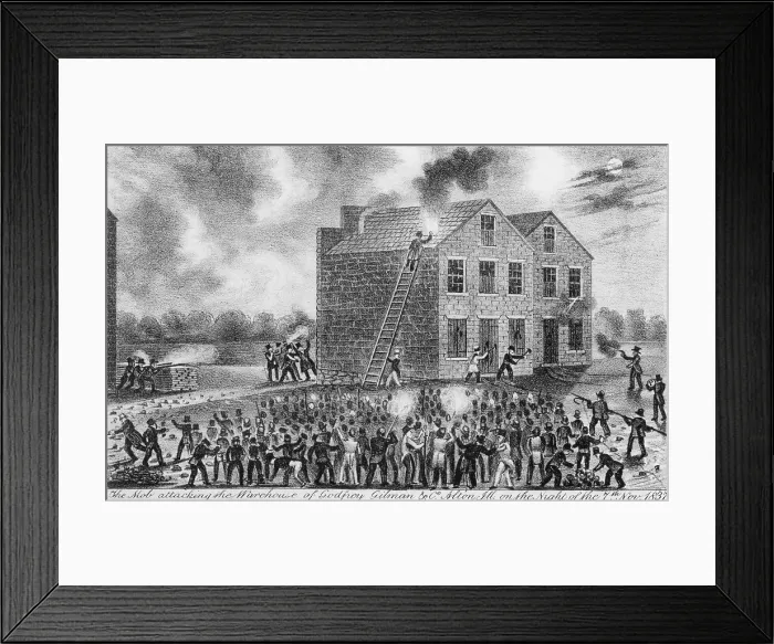 Framed Print : A Pro-slavery mob burning down the building housing the newspaper of abolitionist Elijah Parish Lovejoy (1802- 1837) on November 7, 1837 Framed Print : A Pro-slavery mob burning down the building housing the newspaper of abolitionist Elijah Parish Lovejoy (1802- 1837) on November 7, 1837