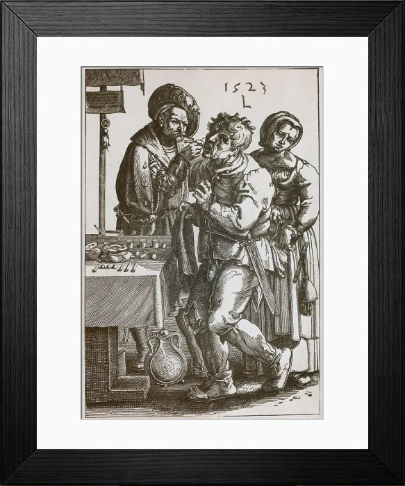 Framed Print : The Surgeon Dentist, pulls a man's tooth while a women picks the patient's pocket. 1523 engraving after a painting by Lucas van Leyden (1494-1533)