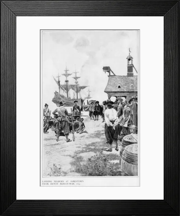 Framed Print : Landing of 20 African captives at Jamestown from Dutch man-of-war, 1619 Framed Print : Landing of 20 African captives at Jamestown from Dutch man-of-war, 1619