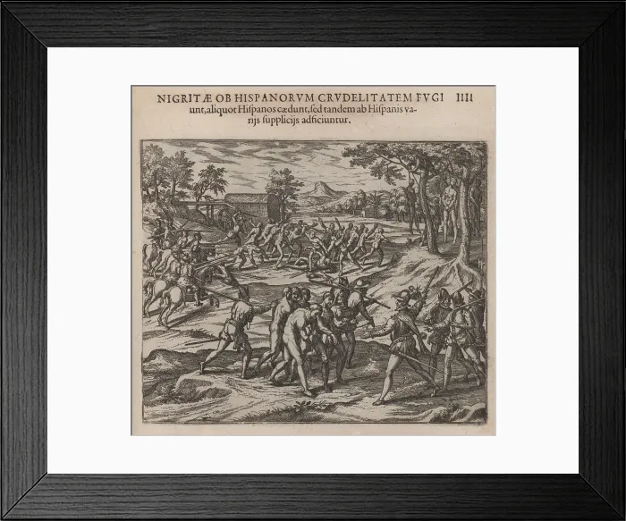 Framed Print : Scene of early slavery in the Americas, shows Spanish soldiers slaughtering and capturing resisting Native Americans Framed Print : Scene of early slavery in the Americas, shows Spanish soldiers slaughtering and capturing resisting Native Americans
