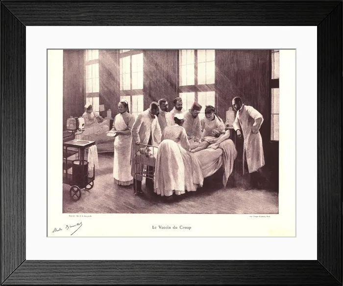 Framed Print : Croup vaccination. Doctor administers a croup vaccination into the abdomen of little girl as a group of doctors and nurses observe