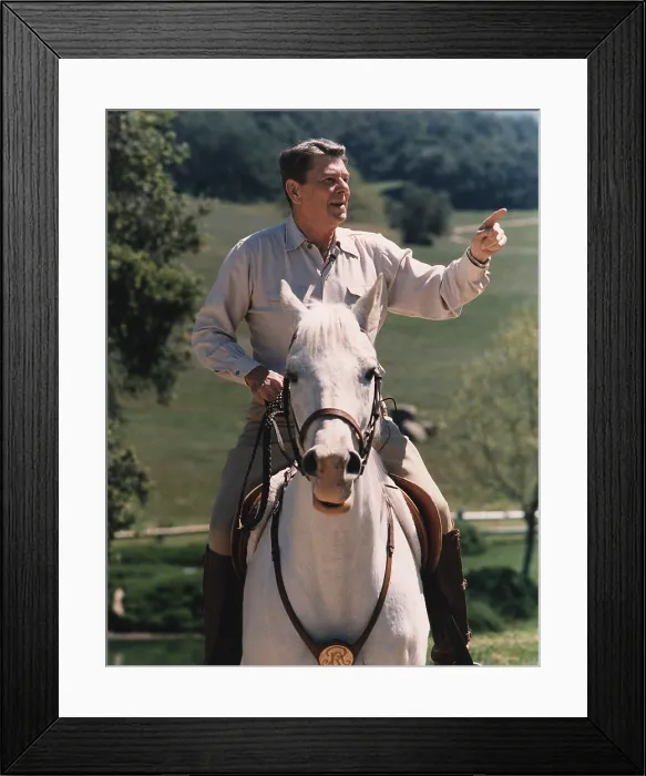 Framed Print : President Reagan riding his horse El Alamein at his California home Rancho Del Cielo. April 8 1986. PO-USP-EQU-Reagan_NA-12-0073M
