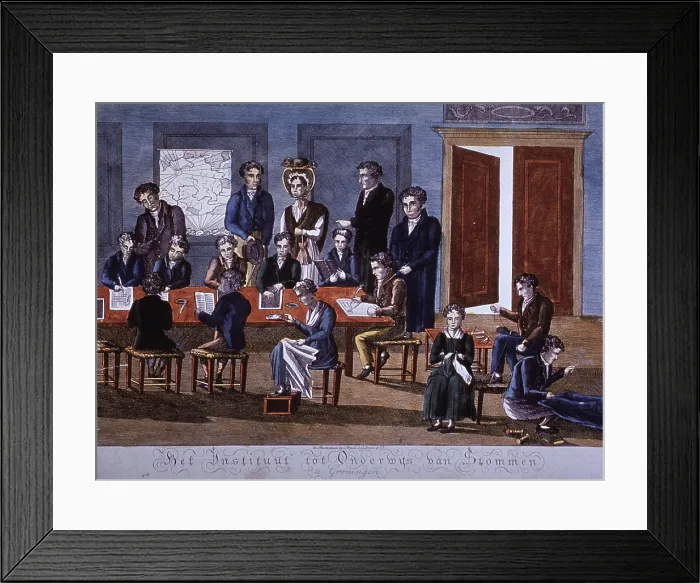 Framed Print : Deaf and dumb children being taught reading, writing, drawing, sewing, knitting, and leather craft at the Institute voor Doofstommen (Instutue for the Deaf and Dumb). Ca. 1790 Framed Print : Deaf and dumb children being taught reading, writing, drawing, sewing, knitting, and leather craft at the Institute voor Doofstommen (Instutue for the Deaf and Dumb). Ca. 1790