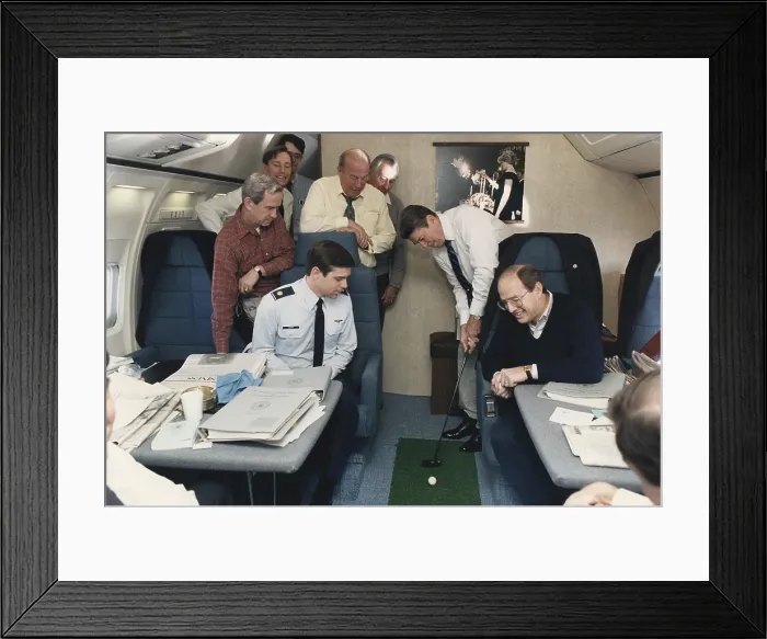 Framed Print : President Reagan putting a golf ball around Air Force One while flying to Geneva Summit with Soviet Union's Gorbachev