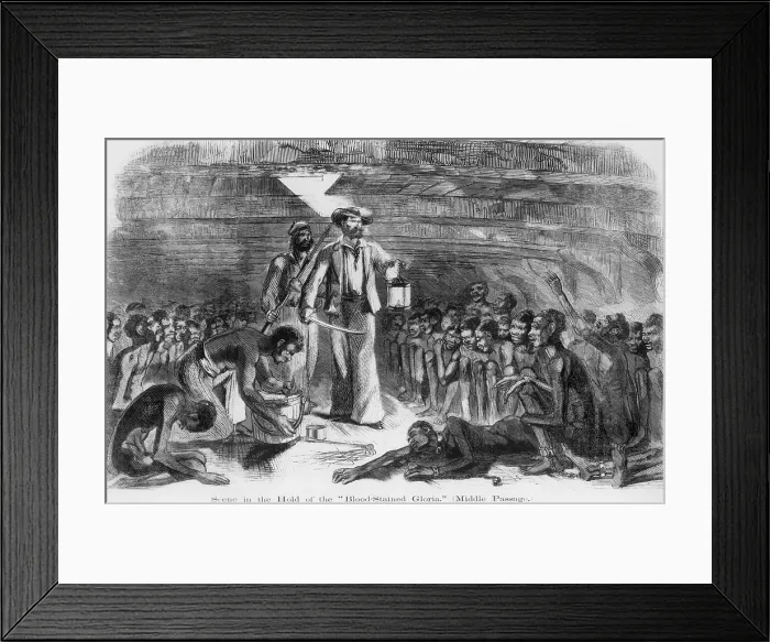 Framed Print : Scene in the Hold of the Blood-Stained Gloria, shows a sailor walking among African captives in the hold of the slave ship