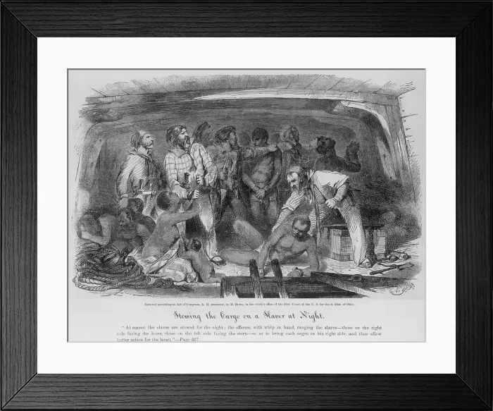 Framed Print : Stowing African captives in a slave ship from historian Henry Howe's book, LIFE AND DEATH ON THE OCEAN, about life and work on ocean vessels. 1855