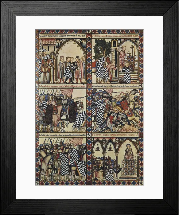 Framed Print : Alfonso X, called 'The Wise' (1221-1284). Cantigas de Santa Maria (Virgin Mary Songs). 13th c. Page of the Cantigas (songs) with war and religious scenes. Gothic art