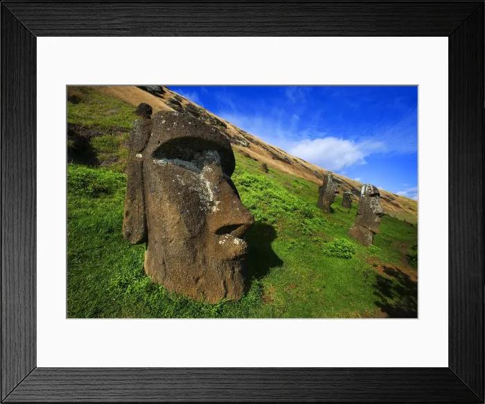 Framed Print : CHILE. VALPARAISO. Ahu Tongariki. Easter Island. Rapa Nui National Park. Crater of Rano Kao volcano. Sacred site. Moai quarry. Art of Oceania. Sculpture