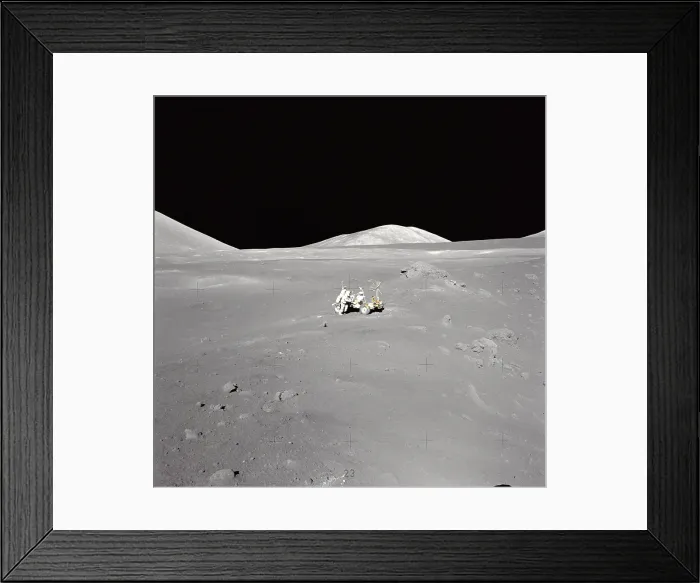 Framed Print : Apollo 17 Geologist-Astronaut Harrison H. Schmitt at the Taurus-Littrow landing site. Shorty Crater is to the right. The peak in the center background is Family Mountain Framed Print : Apollo 17 Geologist-Astronaut Harrison H. Schmitt at the Taurus-Littrow landing site. Shorty Crater is to the right. The peak in the center background is Family Mountain