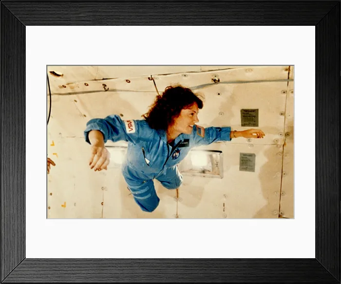 Framed Print : Christa McAuliffe Experiences Weightlessness. She represented the Teacher in Space Project and died when Challenger exploded during take-off on January 28, 1986