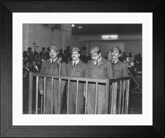 Framed Print : Four Iraqi airmen on trial for taking part in a rebellion. In March 1959, a group of disgruntled nationalist officers from conservative, Arab Sunni families attempted a coup