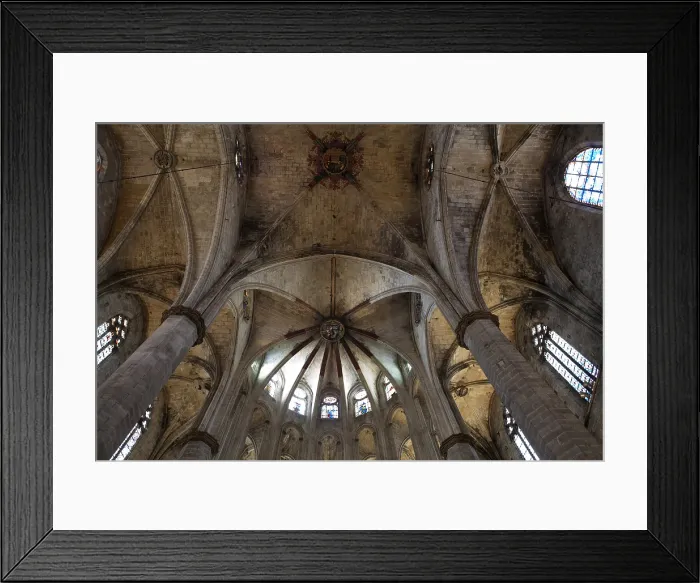 Framed Print : SPAIN. Barcelona. Church of Santa Maria del Mar. View of the groin vault over main nave and polygon presbytery.D200. Gothic art. Architecture; Glass window Framed Print : SPAIN. Barcelona. Church of Santa Maria del Mar. View of the groin vault over main nave and polygon presbytery.D200. Gothic art. Architecture; Glass window