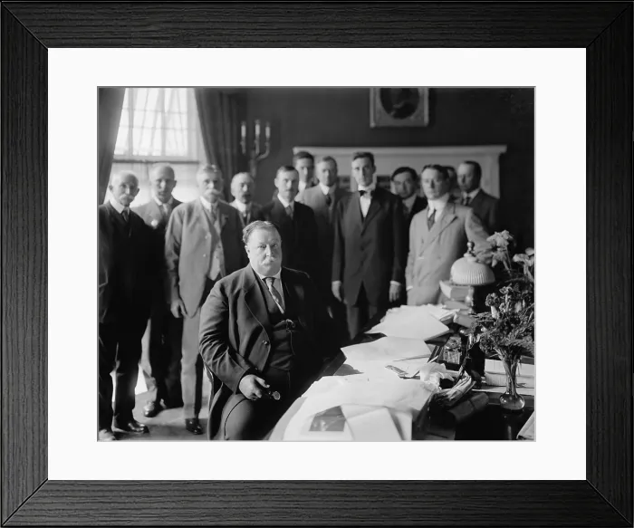 Framed Print : President William H. Taft at his desk in the Oval Office he had built centered in the south side of the West Wing of the White House