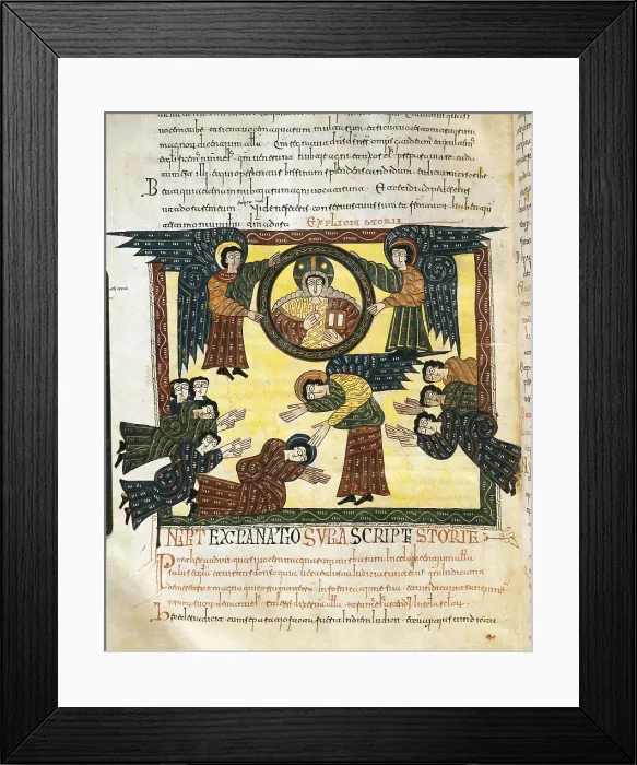 Framed Print : Escorial Beatus. 950 - 955. Cod & II. 5. Folio 142v. Final Theophany. The Angel rejects the worship of John and shows him the throne of God (Rev. XXII)