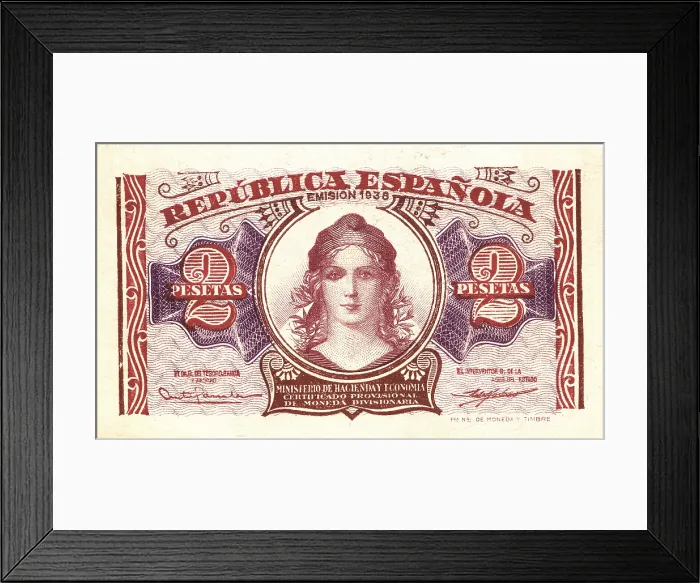 Framed Print : 2 pesetas bill (Spain, 1938). - M.C.Esteban / Iberfoto / Everett Collection (294753)**US SALES ONLY**