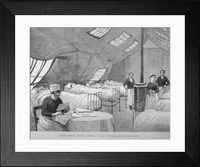 Framed Print : Asian Flu epidemic of 1889-90. In Paris, patients are treated in a supplemental tent hospital. A nurse attends to several patients during the winter of 1889-90