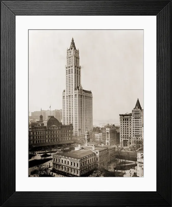Framed Print : Woolworth Building, the tallest in the world from 1913 to 1930, dwarfs surrounding buildings, New York City. In lower foreground is City Hall. 1913