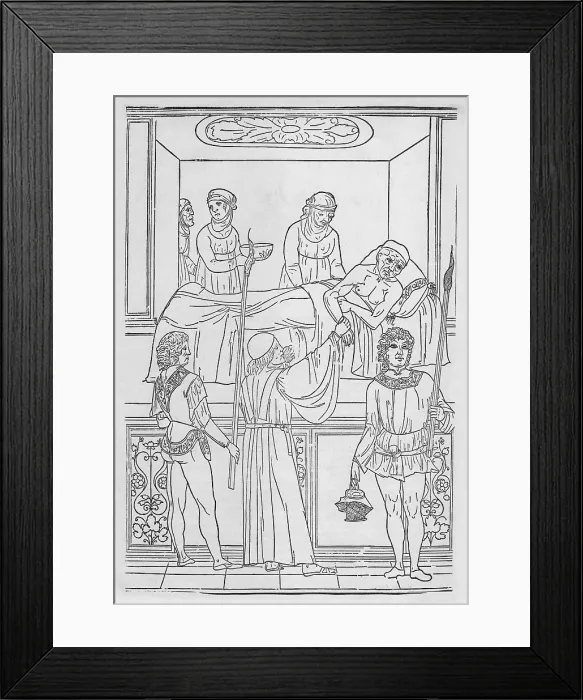 Framed Print : Plague patient. A physician (center front) is taking the pulse of a patient while he breaths through sponge soaked in herbs to protect against evil emanations from the victim