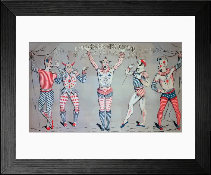 Framed Print : Circus poster from 1856 showing five celebrated clowns attached to Sands, Nathans Co's Circus Framed Print : Circus poster from 1856 showing five celebrated clowns attached to Sands, Nathans Co's Circus