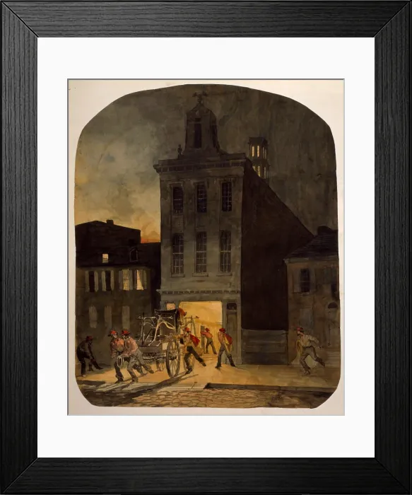 Framed Print : Firemen from the Weccacoe Engine Company pulling a hand-drawn fire engine as other firemen scramble to readiness. Philadelphia, 1857 Framed Print : Firemen from the Weccacoe Engine Company pulling a hand-drawn fire engine as other firemen scramble to readiness. Philadelphia, 1857