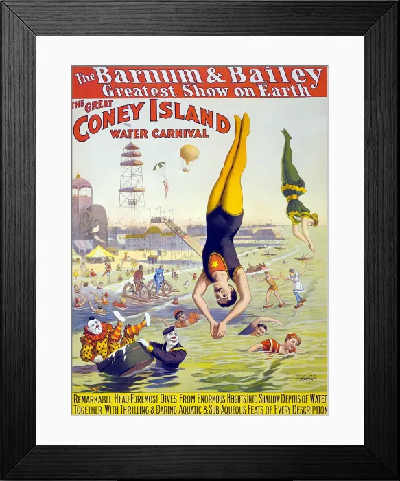 Framed Print : Barnum and Bailey's Great Water Carnival high divers and clowns performing in the ocean at Coney Island, New York. 1898