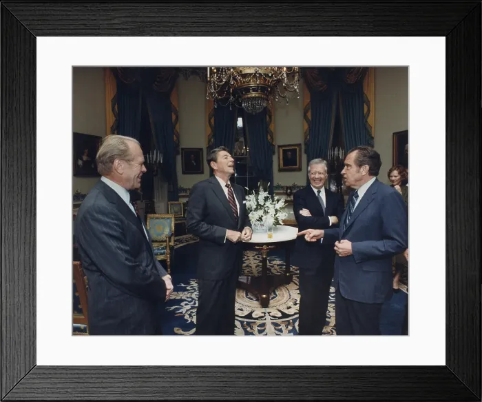 Framed Print : Four Presidents, Gerald Ford, Ronald Reagan, Jimmy Carter, Richard Nixon in the Blue Room prior to leaving for Egypt and Sadat's Funeral. October 8 1981