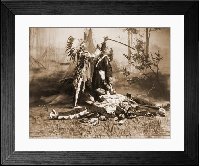 Framed Print : Pawnee Bill's Wild West Show featured a dramatic portrayal of the death of Custer, showing an Indian stabbing Custer, with dead Indians lying on ground. 1905