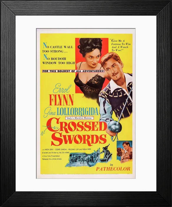 Framed Print : CROSSED SWORDS, US poster art, from left: Errol Flynn, Gina Lollobrigida, 1953 Framed Print : CROSSED SWORDS, US poster art, from left: Errol Flynn, Gina Lollobrigida, 1953
