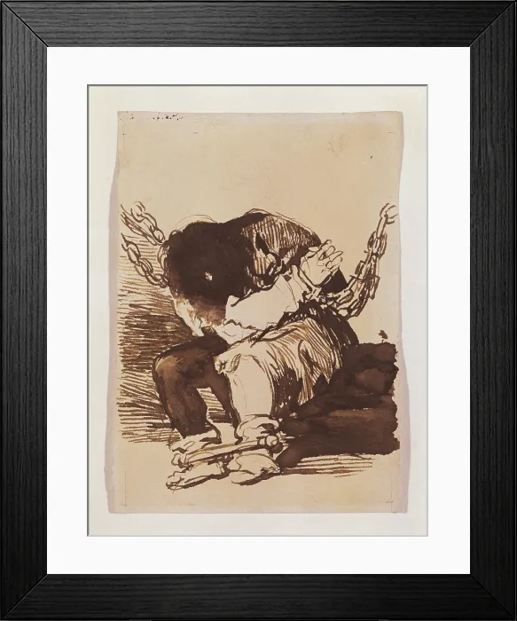 Framed Print : GOYA Y LUCIENTES, Francisco de (1746-1828). Chained Prisoner, seated. 1810 - 1820. Drawing for the etching 'Tan bArbara la seguridad como el delito'. Romanticism