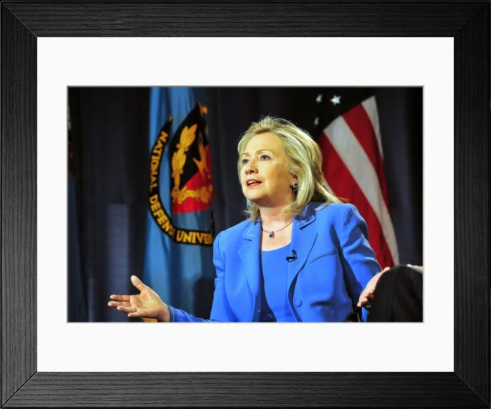Framed Print : Hillary Clinton, US Secretary of State, speaking at George Washington University, on August 16, 2011