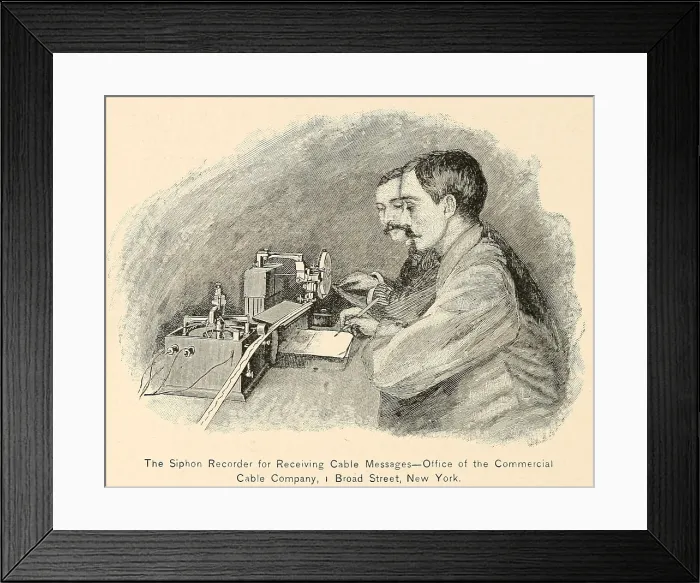 Framed Print : Men working at a Siphon recorder for receiving cable messages in the Office of the Commercial Cable Company, at Broad Street, New York Framed Print : Men working at a Siphon recorder for receiving cable messages in the Office of the Commercial Cable Company, at Broad Street, New York