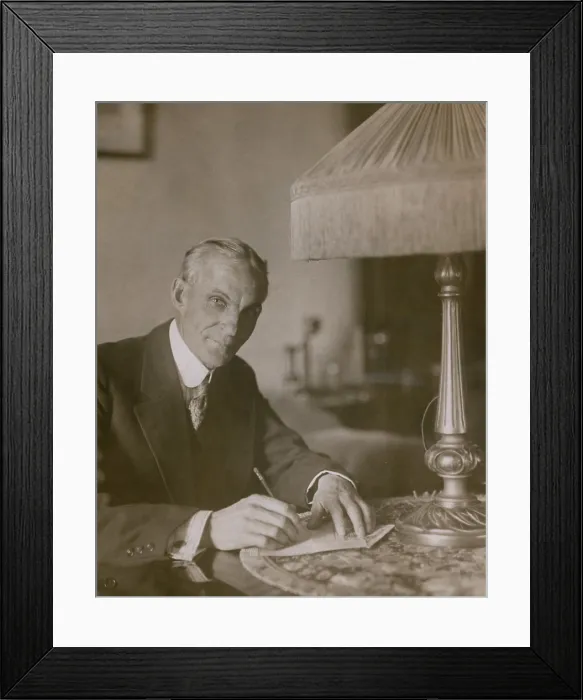 Framed Print : Henry Ford 1863-1947 signing a 10 000 check in aid of the Ford Peace Ship mission at the Hotel Biltmore. 1915