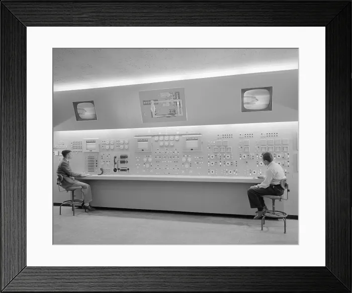 Framed Print : Control room of the Wind Tunnel at Lewis Flight Propulsion Laboratory. TV monitors show the aircraft models during wind tunnel tests. Oct. 17, 1955 Framed Print : Control room of the Wind Tunnel at Lewis Flight Propulsion Laboratory. TV monitors show the aircraft models during wind tunnel tests. Oct. 17, 1955