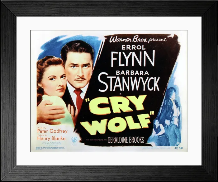 Framed Print : CRY WOLF, US lobbycard, from left: Barbara Stanwyck, Errol Flynn, 1947 Framed Print : CRY WOLF, US lobbycard, from left: Barbara Stanwyck, Errol Flynn, 1947