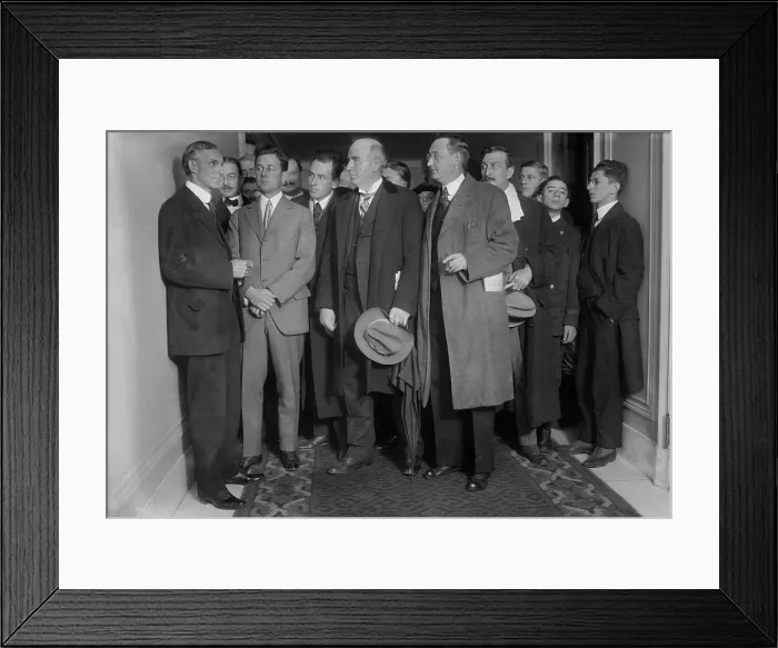 Framed Print : Henry Ford 1863-1947 with reporters on December 2 1915 the year he sponsored the Ford Peace Ship mission to end World War I. LC-DIG-ggbain-20519_DUPE
