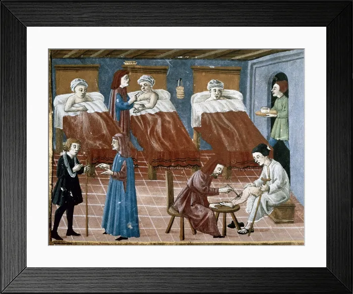 Framed Print : Manuscript Gaddiano (circa 1542). Doctors and patients in a hospital. Miniature Painting. ITALY. Florence. Biblioteca Medicea Laurenziana (Laurentian Library)